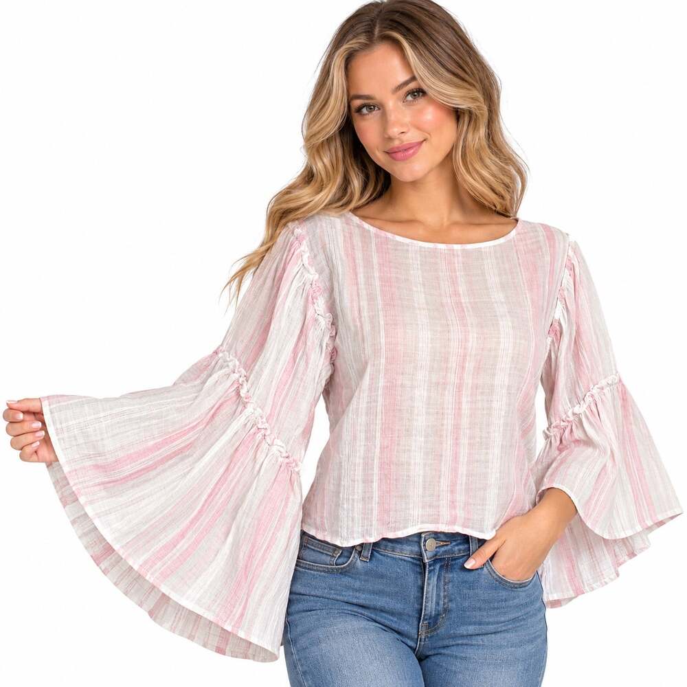 Romeo & Juliet Couture Striped Peasant Blouse Pink White Bell Sleeve Small
